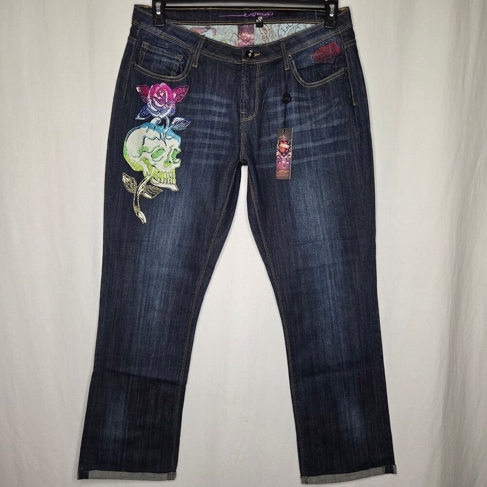 Ed Hardy Y2K Rhinestone Embroidered Skull Tattoo Jeans NWT Size 18 Deadstock